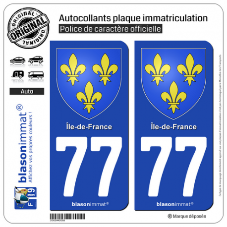 2 Autocollants plaque immatriculation Auto 77 Île-de-France - Armoiries