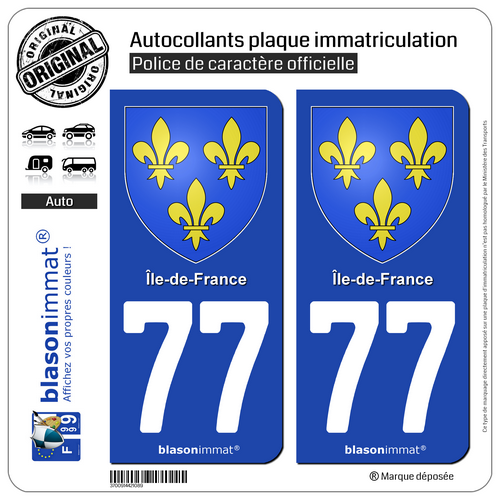 2 Stickers autocollant plaque immatriculation Armoiries 77 Ile de France