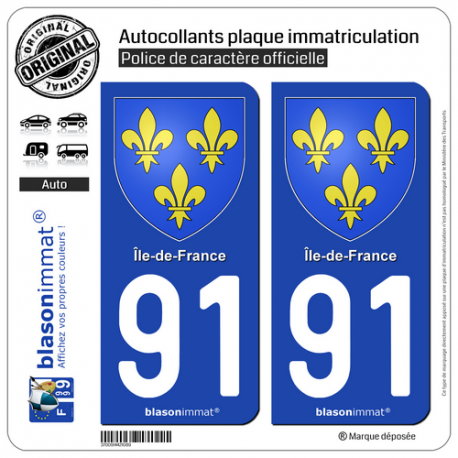 2 Autocollants plaque immatriculation Auto 91 Île-de-France - Armoiries