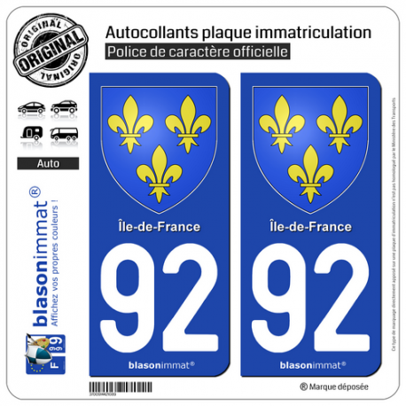 2 Autocollants plaque immatriculation Auto 92 Île-de-France - Armoiries