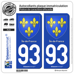 2 Autocollants plaque immatriculation Auto 93 Île-de-France - Armoiries