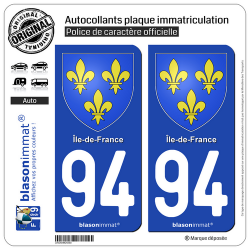 2 Autocollants plaque immatriculation Auto 94 Île-de-France - Armoiries