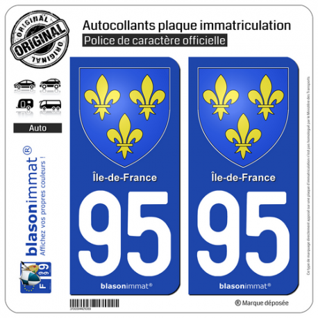 2 Autocollants plaque immatriculation Auto 95 Île-de-France - Armoiries