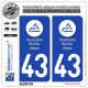 2 Autocollants plaque immatriculation Auto 43 Auvergne-Rhône-Alpes - LogoType