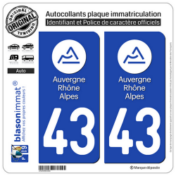 2 Autocollants plaque immatriculation Auto 43 Auvergne-Rhône-Alpes - LogoType