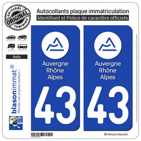 2 Autocollants plaque immatriculation Auto 43 Auvergne-Rhône-Alpes - LogoType