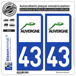 2 Autocollants plaque immatriculation Auto 43 Auvergne - LogoType