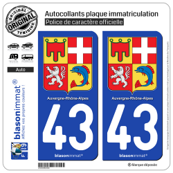 2 Autocollants plaque immatriculation Auto 43 Auvergne-Rhône-Alpes - Armoiries