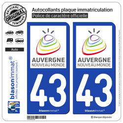 2 Autocollants plaque immatriculation Auto 43 Auvergne - Tourisme