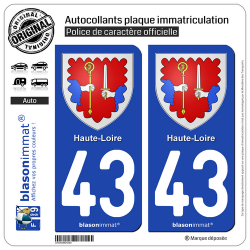 2 Autocollants plaque immatriculation Auto 43 Haute-Loire - Armoiries
