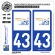 2 Autocollants plaque immatriculation Auto 43 Puy-en-Velay - Agglo