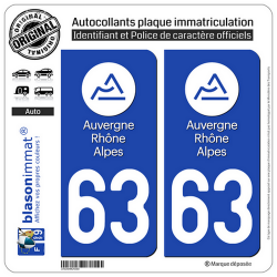 2 Autocollants plaque immatriculation Auto 63 Auvergne-Rhône-Alpes - LogoType