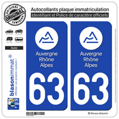 2 Autocollants plaque immatriculation Auto 63 Auvergne-Rhône-Alpes - LogoType