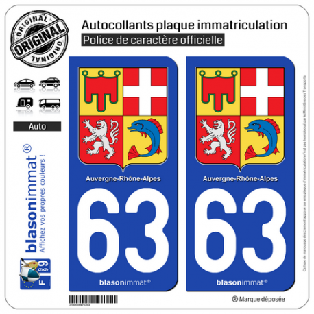 2 Autocollants plaque immatriculation Auto 63 Auvergne-Rhône-Alpes - Armoiries