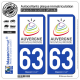 2 Autocollants plaque immatriculation Auto 63 Auvergne - Tourisme