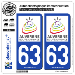 2 Autocollants plaque immatriculation Auto 63 Auvergne - Tourisme