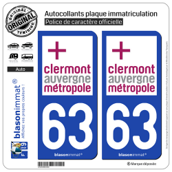 2 Autocollants plaque immatriculation Auto 63 Clermont-Ferrand - Agglo