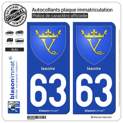 2 Autocollants plaque immatriculation Auto 63 Issoire - Armoiries