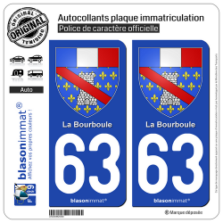 2 Autocollants plaque immatriculation Auto 63 La Bourboule - Armoiries