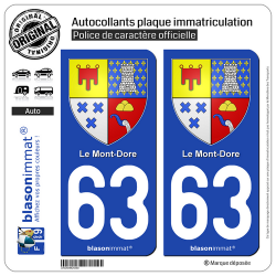 2 Autocollants plaque immatriculation Auto 63 Le Mont-Dore - Armoiries
