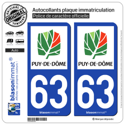 2 Autocollants plaque immatriculation Auto 63 Puy-de-Dôme - Département