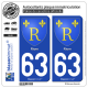 2 Autocollants plaque immatriculation Auto 63 Riom - Armoiries