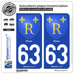 2 Autocollants plaque immatriculation Auto 63 Riom - Armoiries