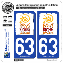 2 Autocollants plaque immatriculation Auto 63 Riom - Tourisme