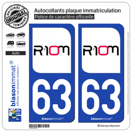2 Autocollants plaque immatriculation Auto 63 Riom - Ville