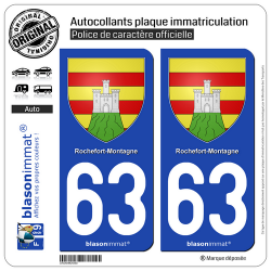 2 Autocollants plaque immatriculation Auto 63 Rochefort-Montagne - Armoiries