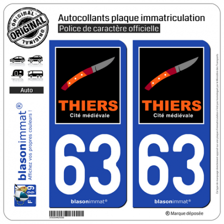 2 Autocollants plaque immatriculation Auto 63 Thiers - Tourisme