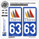 2 Autocollants plaque immatriculation Auto 63 Thiers - Ville