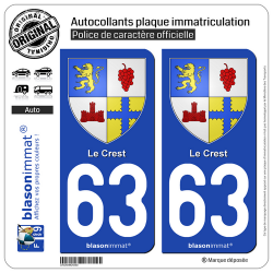 2 Autocollants plaque immatriculation Auto 63 Le Crest - Armoiries