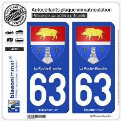 2 Autocollants plaque immatriculation Auto 63 La Roche-Blanche - Armoiries