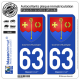 2 Autocollants plaque immatriculation Auto 63 Cournon-d'Auvergne - Armoiries
