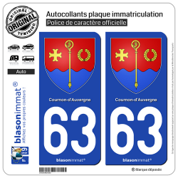 2 Autocollants plaque immatriculation Auto 63 Cournon-d'Auvergne - Armoiries