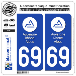 2 Autocollants plaque immatriculation Auto 69 Auvergne-Rhône-Alpes - LogoType