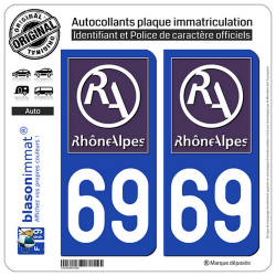 2 Autocollants plaque immatriculation Auto 69 Rhône-Alpes - LogoType II