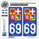 2 Autocollants plaque immatriculation Auto 69 Auvergne-Rhône-Alpes - Armoiries