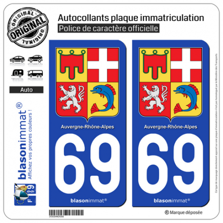 2 Autocollants plaque immatriculation Auto 69 Auvergne-Rhône-Alpes - Armoiries