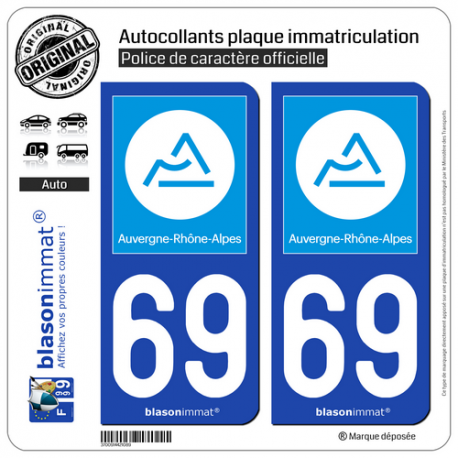 2 Autocollants plaque immatriculation Auto 69 Auvergne-Rhône-Alpes - Région