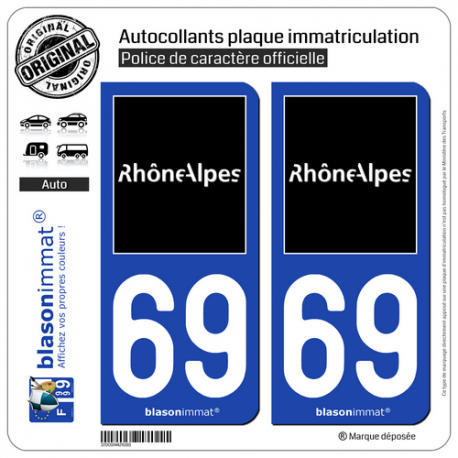 2 Autocollants plaque immatriculation Auto 69 Rhône-Alpes - Tourisme