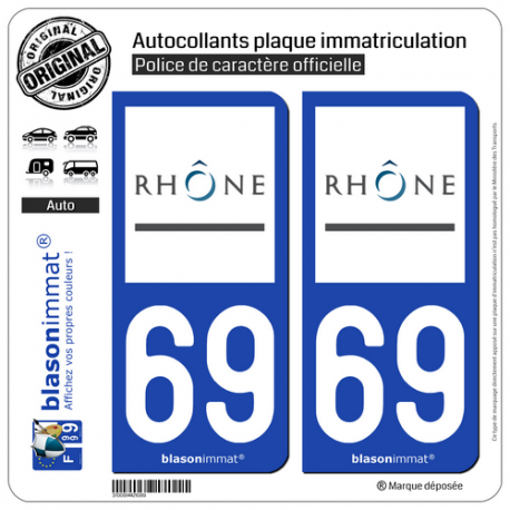 2 Autocollants plaque immatriculation Auto 69 Rhône - Département