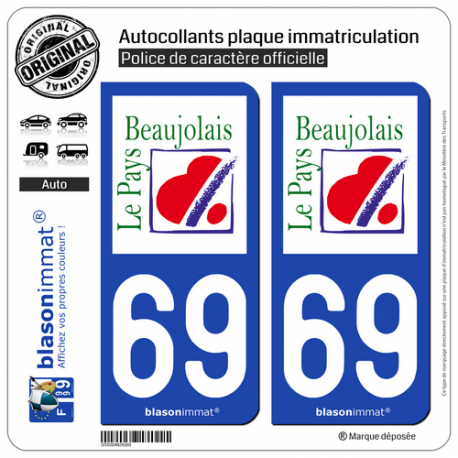 2 Autocollants plaque immatriculation Auto 69 Beaujolais - Pays