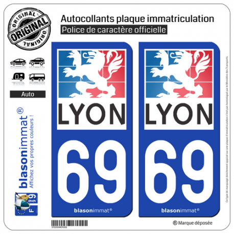 2 Autocollants plaque immatriculation Auto 69 Lyon - Ville