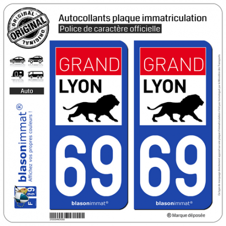 2 Autocollants plaque immatriculation Auto 69 Lyon - Agglo
