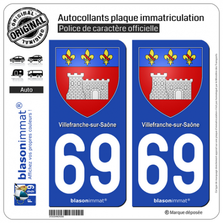 2 Autocollants plaque immatriculation Auto 69 Villefranche-sur-Saône - Armoiries