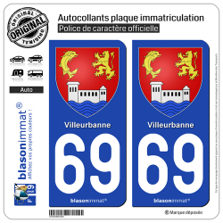 2 Autocollants plaque immatriculation Auto 69 Villeurbanne - Armoiries