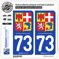 2 Autocollants plaque immatriculation Auto 73 Auvergne-Rhône-Alpes - Armoiries