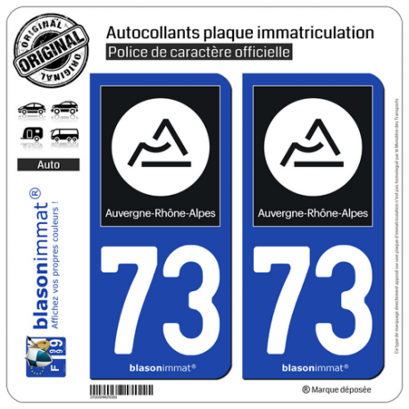 2 Autocollants plaque immatriculation Auto 73 Auvergne-Rhône-Alpes - Région II